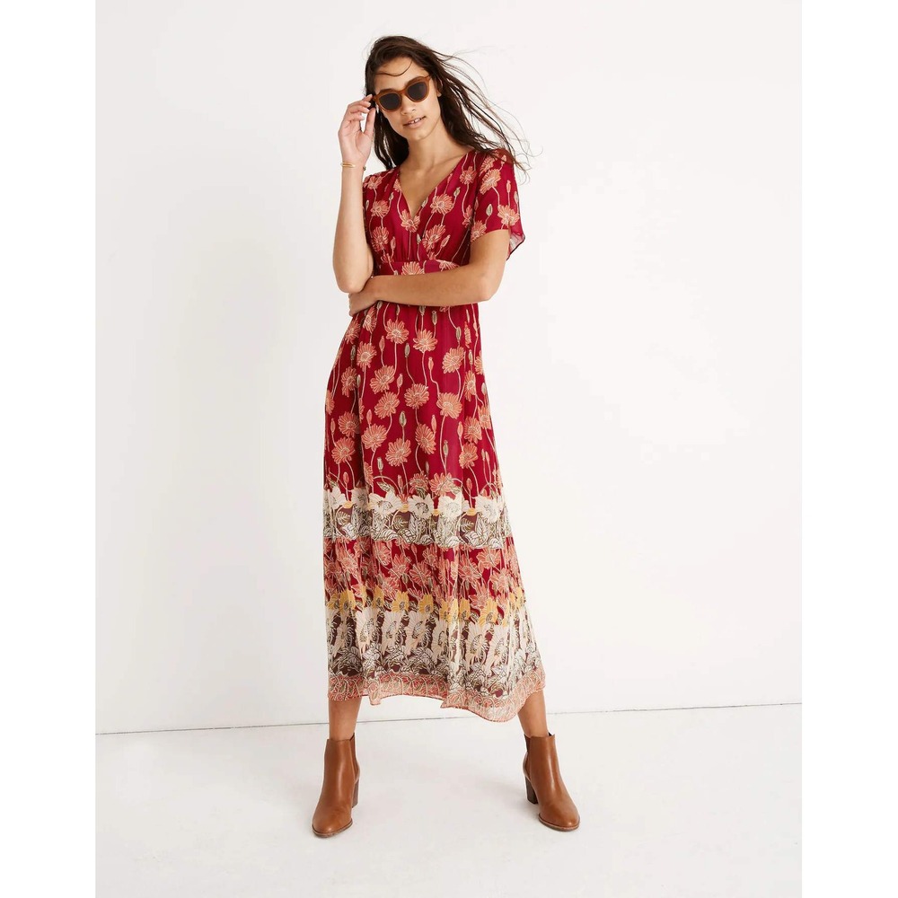 Madewell Tulip-Sleeve Maxi Dress Women's 12 Red Tall Sunflowers Empire Tiered